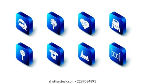 Set Lollipop, Baby inside heart, potty, crib cradle, clothes, Rattle baby toy and Speech bubble mom icon. Vector