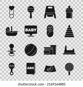 Set Lollipop, Baby potty, Pyramid toy, stroller, clothes pin and Newborn baby infant swaddled icon. Vector