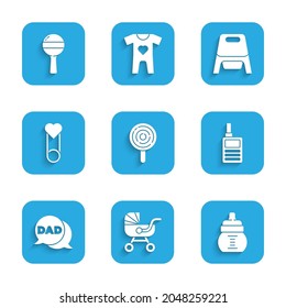 Set Lollipop, Baby Stroller, Bottle, Monitor Walkie Talkie, Speech Bubble Dad, Clothes Pin, Potty And Rattle Baby Toy Icon. Vector