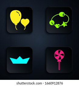 Set Lollipop, Balloons in form of heart, Folded paper boat and Rattle baby toy. Black square button. Vector
