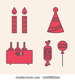 Set Lollipop , Birthday cake candles , Party hat  and Bottles of wine in a wooden box  icon. Vector