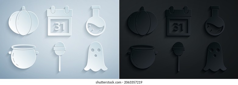 Set Lollipop, Bottle with potion, Halloween witch cauldron, Ghost, Calendar date 31 october and Pumpkin icon. Vector