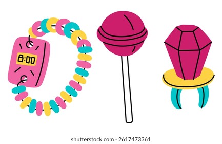 A set of lollipop bracelets, an icicle, a ring from the 90s. Flat color illustration. Lollipops from the 2000s. Sweet candies. Highlighted on a white background. Sweet delicate color collection