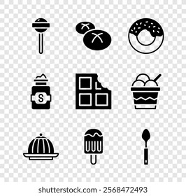 Set Lollipop, Bread loaf, Donut, Pudding custard, Ice cream, Spoon, Jar of sugar and Chocolate bar icon. Vector