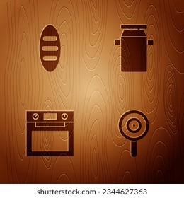 Set Lollipop, Bread loaf, Oven and Can container for milk on wooden background. Vector