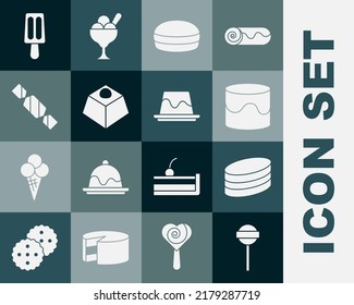 Set Lollipop, Brownie chocolate cake, Cake, Macaron cookie, Candy, Ice cream and Pudding custard icon. Vector