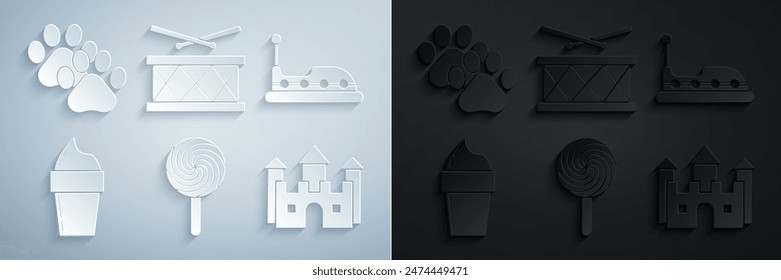 Set Lollipop, Bumper car, Ice cream in waffle cone, Castle, Drum with drum sticks and Paw print icon. Vector