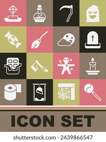 Set Lollipop, Burning candle, Tombstone with RIP written, Scythe, Witches broom, Candy, cross and Moon stars icon. Vector