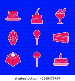 Set Lollipop, Cake with burning candles, Piece of cake, Brownie chocolate, Strawberry, Ice cream bowl and Pudding custard icon. Vector