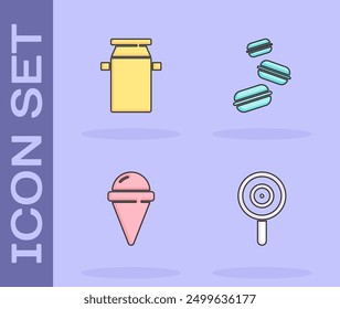 Set Lollipop, Can container for milk, Ice cream waffle cone and Macaron cookie icon. Vector