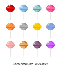 Set lollipop candies with different flavors. Multi-colored candy on stick. Vanilla and Apple taste and aroma. Sweets set
