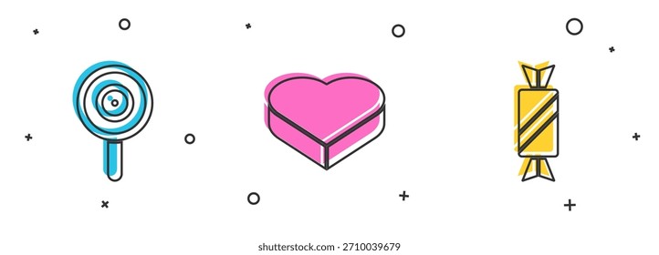 Conjunto Lollipop, caramelo en forma de corazón caja e icono. Vector