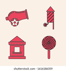 Set Lollipop, Cannon, Firework rocket and Ticket box office icon. Vector