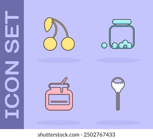 Set Lollipop, Cherry, Jar of honey and Glass jar with candies inside icon. Vector