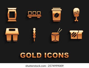 Set Lollipop, Chicken leg, Bread toast, Asian noodles and chopsticks, Coffee cup go, Bag or packet potato chips and Sushi on cutting board icon. Vector