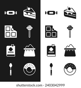 Set Lollipop, Chocolate bar, Candy, Piece of cake, Cookbook, Bag flour, Donut and Spoon icon. Vector