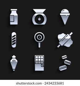Set Lollipop, Chocolate bar, Macaron cookie, Rolling pin dough, Pastry bag, French baguette bread, Ice cream waffle cone and Bottle with milk icon. Vector