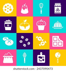 Set Lollipop, Chocolate bar, Pudding custard, Kitchen whisk, Apple caramel, Coffee cup to go, Cookie or biscuit and Cake icon. Vector