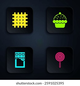 Set Lollipop, Cracker biscuit, Chocolate bar and Cupcake. Black square button. Vector