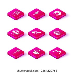 Set Lollipop, Cupcake, Cake on plate, Bitten chocolate bar, Jelly worms candy, Stack of pancakes, Donut and Ice cream icon. Vector