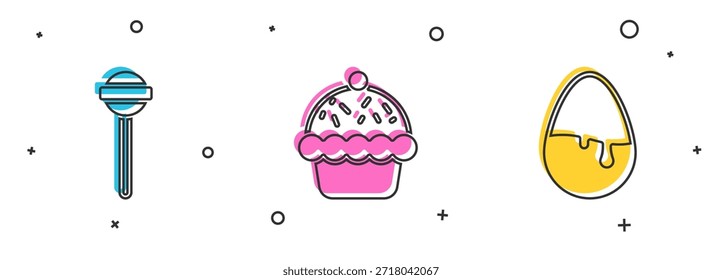 Definir ícone de ovo de pirulito, Cupcake e Chocolate. Vetor