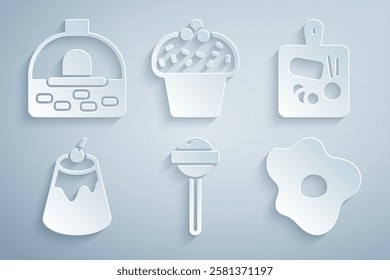 Set Lollipop, Cutting board, Pudding custard, Scrambled eggs, Cake and Brick stove icon. Vector