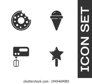 Set Lollipop, Donut, Electric mixer and Ice cream in waffle cone icon. Vector