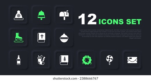 Set Lollipop, Envelope, Holy bible book, Christmas wreath, Skates, stocking, ringing bell and  icon. Vector