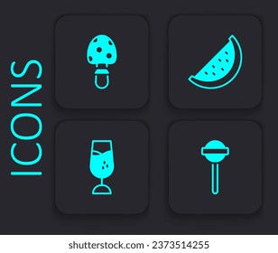 Set Lollipop, Fly agaric mushroom, Watermelon and Wine glass icon. Black square button. Vector