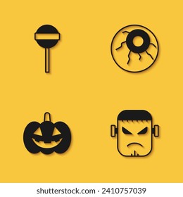 Set Lollipop, Frankenstein face, Pumpkin and Eye icon with long shadow. Vector