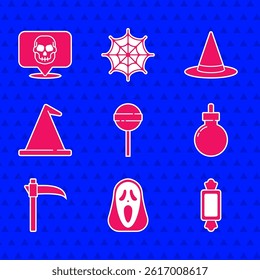 Set Lollipop, Funny and scary ghost mask, Candy, Bomb ready to explode, Scythe, Witch hat,  and Skull icon. Vector