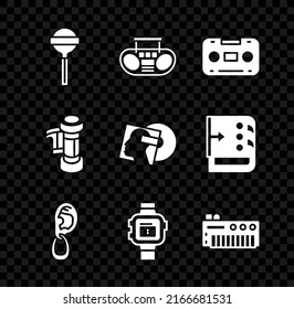 Set Lollipop, Home stereo with two speakers, Retro audio cassette tape, Ear earring, Wrist watch, Music synthesizer, Camera roll cartridge and Vinyl disk icon. Vector