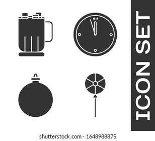 Set Lollipop, Hot chocolate cup with marshmallows, Christmas ball and Clock icon. Vector