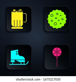 Set Lollipop, Hot chocolate cup with marshmallows, Figure skates and Cookie or biscuit with chocolate. Black square button. Vector