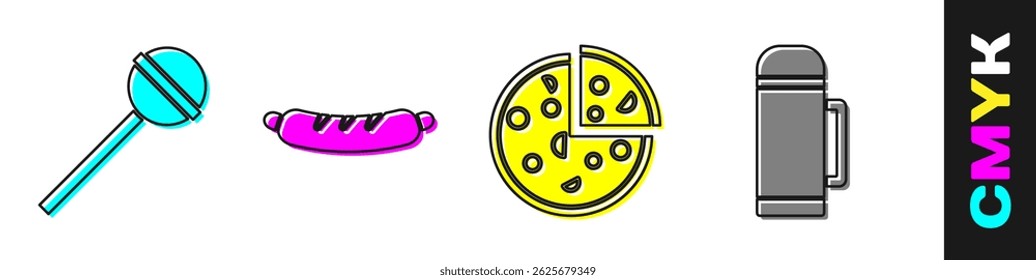 Set Lollipop, Hotdog sandwich, Pizza and Thermos container icon. Vector