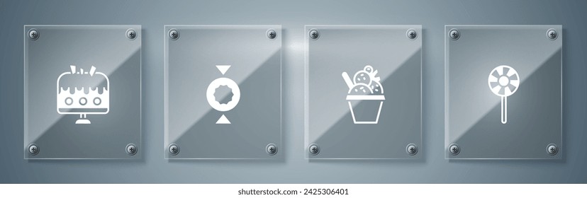 Set Lollipop, Ice cream in bowl, Candy and Cake on plate. Square glass panels. Vector