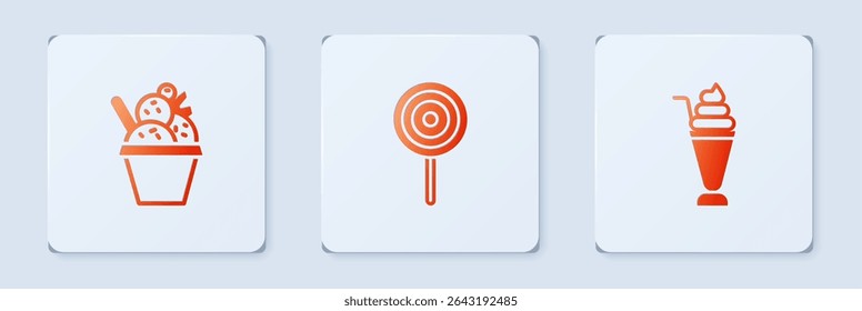 Set Lollipop, Ice cream in bowl and Milkshake. White square button. Vector
