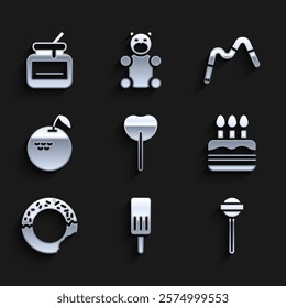 Set Lollipop, Ice cream, Cake with burning candles, Donut, Apple, Jelly worms candy and Jar of honey icon. Vector