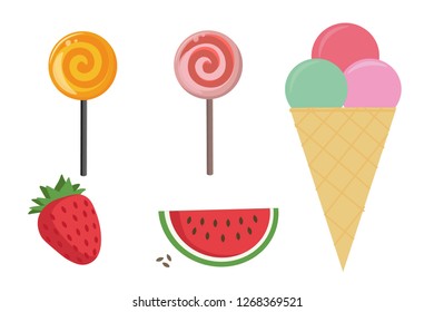 Set of Lollipop, ice cream, strawberry, watermelon isolated on white background, Vector Illustration-Vector