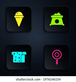 Set Lollipop, Ice cream in waffle cone, Bread toast and Bag of flour. Black square button. Vector