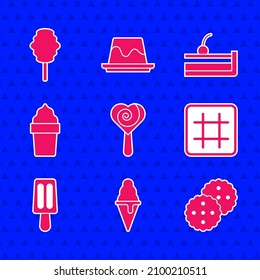 Set Lollipop, Ice cream in waffle cone, Cookie or biscuit, Waffle, Cherry cheesecake and Cotton candy icon. Vector
