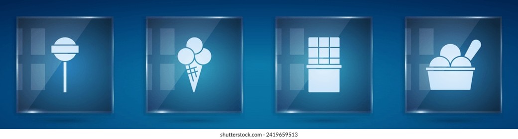 Set Lollipop, Ice cream in waffle cone, Chocolate bar and bowl. Square glass panels. Vector