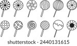 Set of Lollipop icons in line styles editable stock. Candy illustration signs. Sweets symbols or logos. Swirl lollipop sucker icons for apps and websites designs isolated on transparent background.