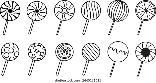 Satz von Lollipop-Symbole in Linienstilen editierbarer Bestand. Süßigkeiten Illustration Zeichen. Süßigkeiten, Symbole oder Logos Swirl Lolli Sauger-Symbole für Apps und Websites Designs isoliert auf transparentem Hintergrund.