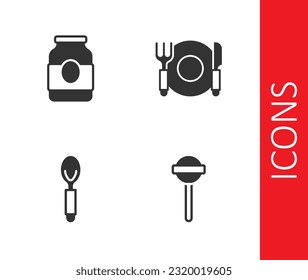 Set Lollipop, Jam jar, Spoon and Plate, fork and knife icon. Vector