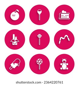 Set Lollipop, Jelly bear candy, worms, Ice cream, Chocolate bar, Piece of cake and Apple icon. Vector