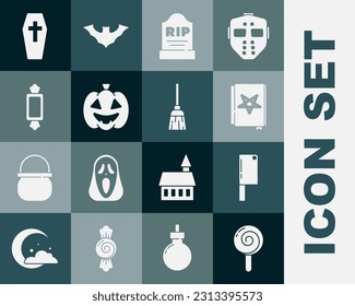 Set Lollipop, Meat chopper, Ancient magic book, Tombstone with RIP written, Pumpkin, Candy, Coffin cross and Witches broom icon. Vector