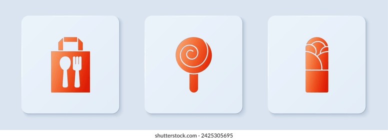 Set Lollipop, Pedidos y Entregas Online y Doner kebab. Botón cuadrado blanco. Vector