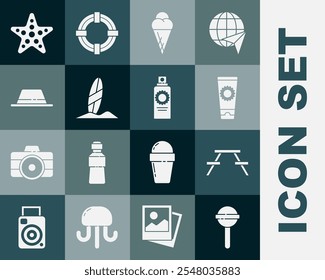 Set Lollipop, Picnic table with benches, Sunscreen cream in tube, Ice waffle cone, Surfboard, Man hat ribbon, Starfish and spray bottle icon. Vector