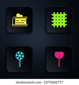 Set Lollipop, Piece of cake,  and Cracker biscuit. Black square button. Vector